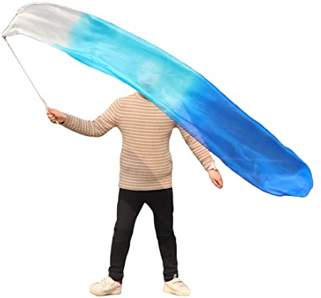 Winged Sirenny Echte Seide Tanzband mit Stab Kinder, Leicht Fließend Seidenstreamer Spielseide Tanzzubehör Klein (180cm weiß-türkis-blau)