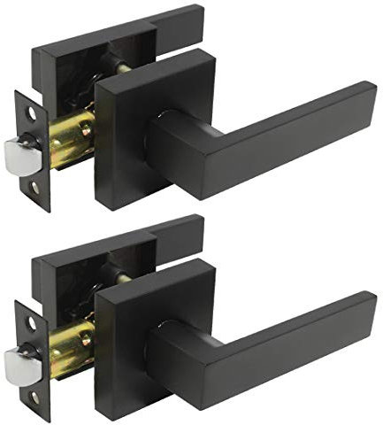 Probrico 2 Pack Square Interior Passage Door Lever for Hallway Stainless Steel Closet Two Sides Flat Reversible Door Handle with Latch Black