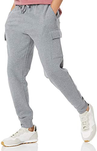 Amazon Essentials Pantaloni Cargo Sportivi per Jogging in Pile vestibilità Comoda Uomo, Grigio Chiaro Puntinato, L