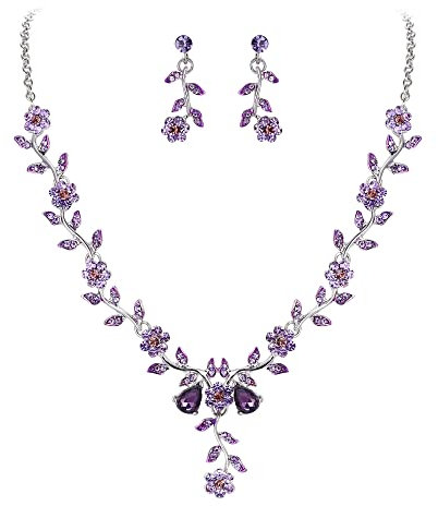 Clearine Women's Wedding Jewellery Set Leaf Cluster Flower Crystal Pendant Necklace Dangle Earrings for Bridal Brides Purple Silver-Tone