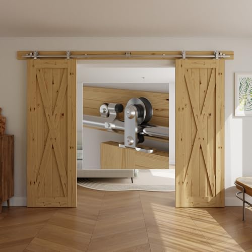 Herrajes Puertas Correderas Inox Doble 366cm Rieles Kit Puerta Corredera Negro para 2 Puerta Corredera Madera 91cm Ancho, Acero Inoxidable T Forma