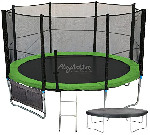 PlayActive 6ft / 8ft / 10ft / 12ft / 14ft / 16ft Kids Trampoline with Safety Enclosure Net, Ladder, Weatherproof Cover, Shoe Bag Included (Green, 8ft)