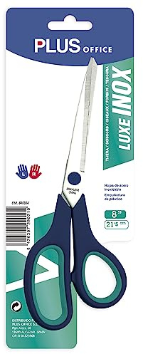 Plus Office - Tijera de Oficina, Multiusos de Acero Inoxidable, Agarre Ergonómico y Cómodo, 21,5 cm, para Manualidades, Oficinas y Hogar - Color Azul y Verde