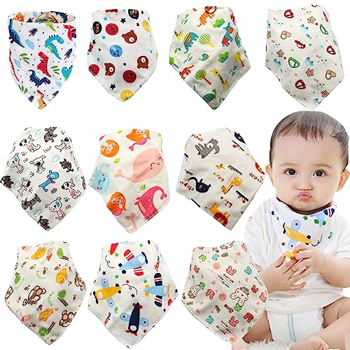 BSITSSS 10 Stück Dreieckstuch Baby, Lätzchen Baby Weiche & Absorbierende Halstuch Baby, Sabberlätzchen Baby mit 2 Verstellbares Druckknopf, Baby Dreieckstuch für Kleinkinder, Unisex, Jungen