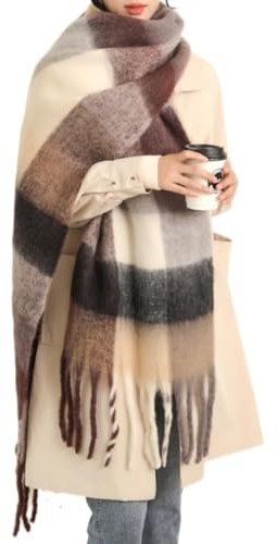 MININAI Chunky Winter Scarfs for Women Cold Weather Warm Knit Thick Plaid Scarf Long Large Oversized Checked Scarves (Brown)