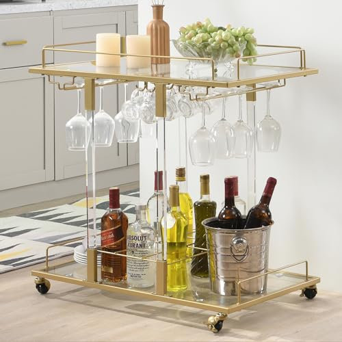FERFALDER Acryl-Barwagen, Servierwagen mit Weinregal, 2-stöckig, Küchenwagen auf Rädern, Barständer für Wohnzimmer, Küche, Club, Gold