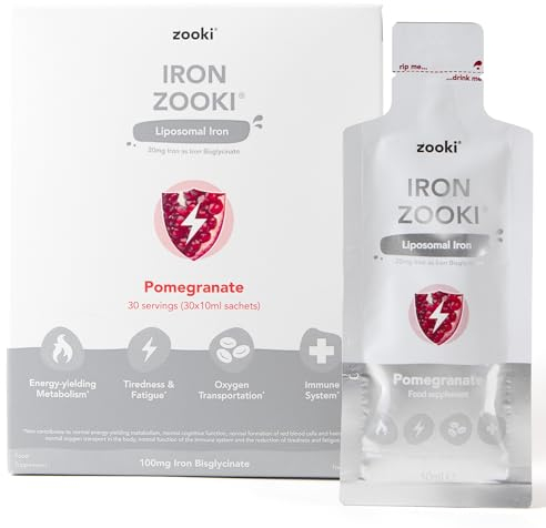 Zooki 100mg Liposomal Iron Bis-Glycinate Liquid Sachets | 4X Higher Absorption | Natural Ingredients | (Pomegranate Flavour, 30 Servings)