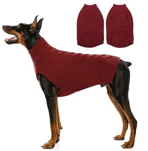 Katzinst Hundepullover XXXL, Hund Pullover Kaltes Wetter Zopfstrickwaren Klassischer Rollkragen Dicke Warme Kleidung, Pullover Der Gern Getragen Wird Bei Der Kälte, Rot, 3XL