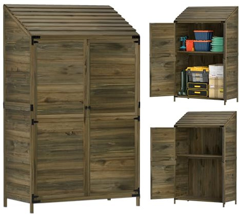 Outsunny Lean to Wooden Garden Shed, Garden Tool Storage Shed with Double Doors and Shelves, Outdoor Storage Cabinet for Patio Garden, Olive Brown