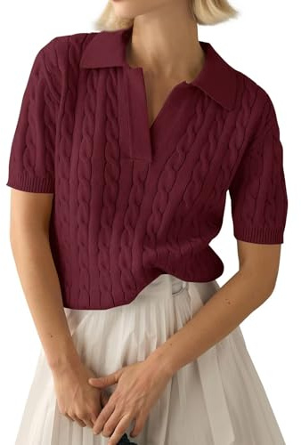 LACOZY, maglione da donna con maniche corte estive, scollo a V, a costine, in maglia polo, casual, leggero, pullover, camicia 2025, Borgogna, XL