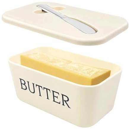 Crynvor Porta Burro da Frigorifero, Kitchen Portaburro da Frigo In Plastica, Burriera Contenitore con Coperchio + Coltello Da Burro, per Mettere Burro Formaggio Insalata di Frutta, Bianco