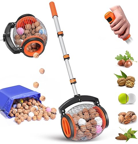 Nusssammler Roller – Walnuss Sammler für Garten mit Tritt-Öffnung – Leicht zu Reinigen – Ergonomischer Einstellbarer Stiel – Für Nüsse, Eicheln, Kastanien, Golfbälle (1 Gallone Fassungsvermögen)