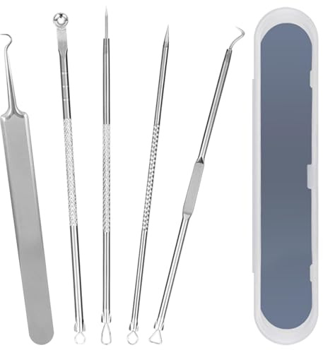 5 Pieces Blackhead Remover Tool Kit, Stainless Steel Comedone Extractor Tools, Extraction Tools for Blackhead, Whitehead and Acne Removal, Silver