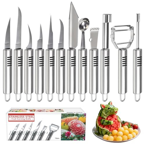 BURLIHOME 12 Pack Vegetable and Fruit Carving Tools, Chef Garnish Tools, Melon Baller Scoop Set, Lemon Zester, Vegetable Peeler, Apple Corer, Stainless Steel Carving Knife Set for Fruits