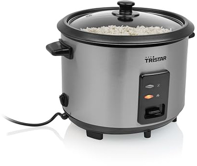 Tristar Olla Arrocera, Capacidad 1,8 L, Cuerpo de Acero Inoxidable con Tapa de Cristal, Recipiente Antiadherente, Apagado Automático y Función Mantener Caliente, 700 W, RK-6148