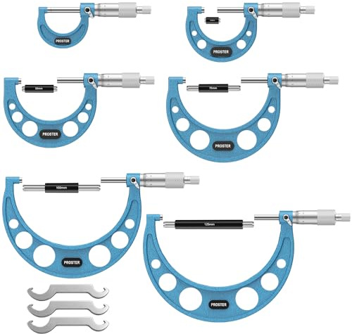 Proster Set di 6 Micrometri Esterni da 0-150mm con Ghiera a Cricchetto, Incudini in Carburo e Finitura Antiriflesso, con Custodia Protettiva – 0-25mm, 25-50mm, 50-75mm, 75-100mm, 100-125mm, 125-150mm