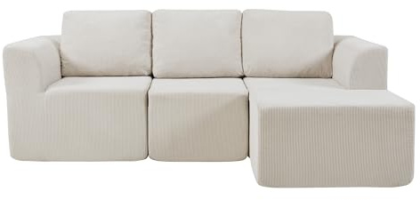 Panana L-Shaped Corner Sofa Left/Right Boneless Couches, 3-Seater Sectional Couch with Movable Ottoman Footstool, No Assembly Required (Beige)