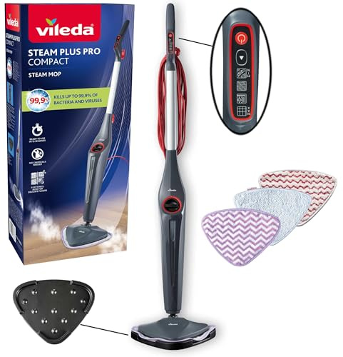 Vileda, Steam Plus Pro, Scopa a Vapore, Rimuove fino al 99% di Batteri e Virus, Ideale per Pavimenti Delicati, con 4 Impostazioni di Vapore, Include Vassoio di Stoccaggio