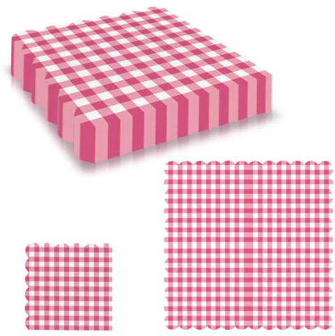 20Pcs Hot Pink Gingham Napkins Checkered Serviettes Disposable 16*16cm,2Ply Scalloped Cocktail Napkin Lunch Dinner Tissue Decorative Paper Napkins Rose for Girls Birthday Christmas Baby Shower Picnic