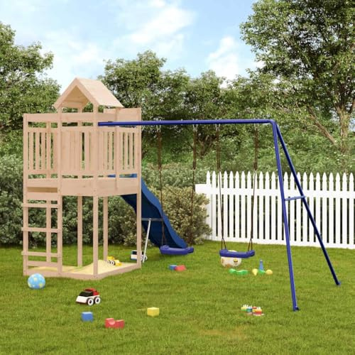 Ordellia Torre de juego de madera maciza de pino con tobogán ondulado, columpio doble, arenero y plataforma de 90 cm, barra de escalada para jardín, parque infantil, movimiento, motricidad, escalada y