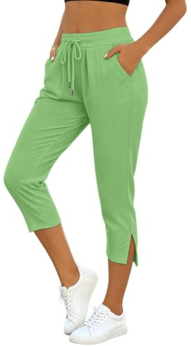 WAZHAKU Pantalones capri de verano para mujer, elásticos, 3/4, pierna ancha, pantalones de entrenamiento, transpirables, con goma elástica, con cordón y bolsillos, O Verde, XXL