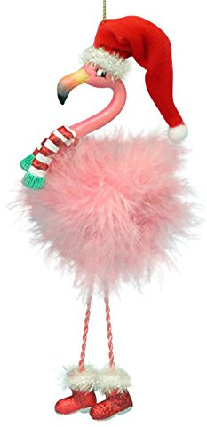 Pink Flamingo in Santa Hat and Feathers Christmas Holiday Ornament