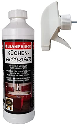 CleanPrince Küchen-Fettlöser 0,5 Liter Küchenfettlöser 500 ml Dunstabzugshaube Fettfilm Öl Fettentferner Entfetter Küchenfett Gastronomie Küche Fett Reiniger Löser Dunsthaube Ablufthaube