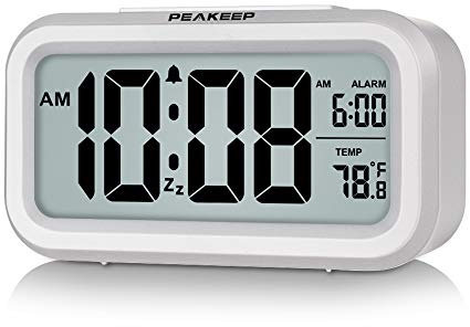 Peakeep Night Light Digital Alarm Clock Battery Operated with Indoor Temperature, Desk Small Clock (White)