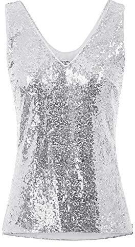 Damen Pailletten Tank Top Pailletten verziert Sparkle Trägershirt-Weste Tops Party Bluse L Silber Cl011080-1