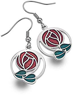 Rennie Mackintosh Inspired Rose and Leaf 20mm Hook Earrings (Red)