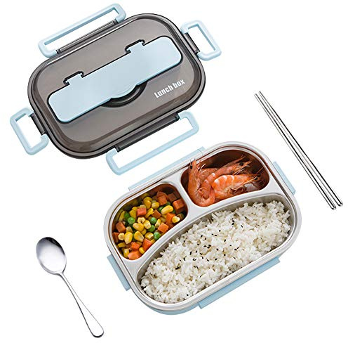 amropi Scatole Bento Lunch Box Acciaio Inossidabile Contenitori 2/3/4/5 Scomparto Dispensa con Bastoncini e Cucchiaio (Blu, 3 Scomparto)