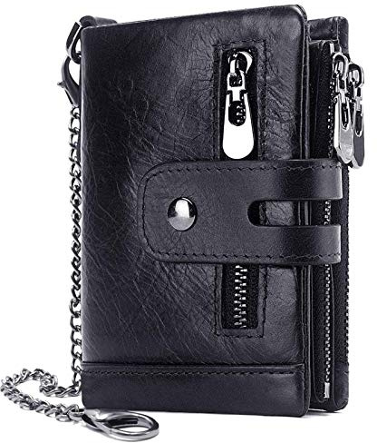 gzcz Mens Wallet with Chain RFID Blocking Genuine Leather Bifold Purse for Men with ID Window and Zip Coin Pocket, Black