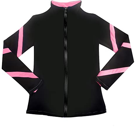 LIUHUO Girls Ice Skating Jackets Women Stripes Training Practice Figure Skating Tops Costs Fleece (Pink,5-6 Years)