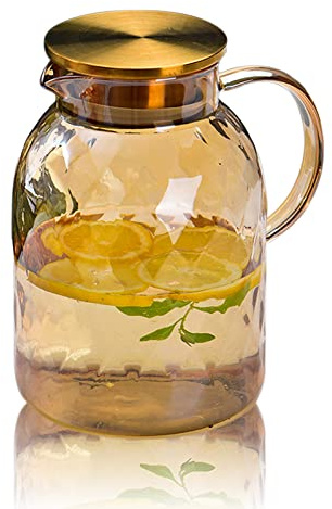 AEFPOYMXU 64 oz Amber Glass Pitcher with Lid and Spout Borosilicate Water Pitcher Bedside Water Carafe Vintage Glass Jug for Juice Coffee Iced Tea Hot Cold Beverage Lemonade Fridge 1.8L