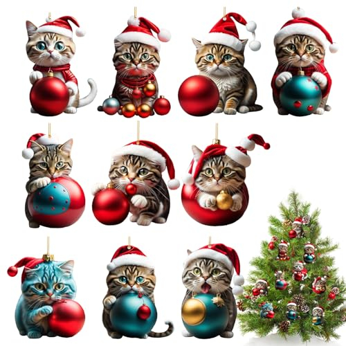 Decorazioni Gatto per Albero di Natale - Set 10 Pezzi - Pendenti Decorativi per Alberi di Natale