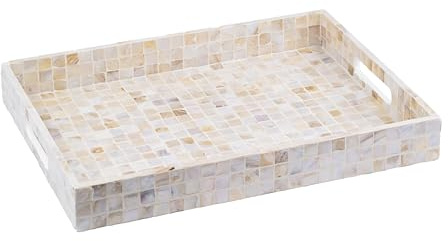 PEMAR Rectangular Mother of Pearl Serving Tray Nacre Wood Lap Ottoman Tray for Coffee Table, Luxury Decorative Handmade Eating Platters w Insert Handles (White Cream)