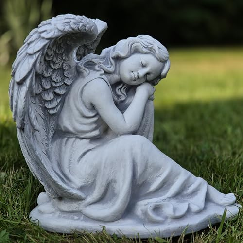 FABRIQ Statuetta di angelo triste sul ginocchio, 37 cm, robusta scultura in pietra, resistente al gelo