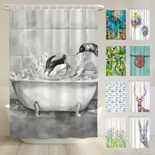 arteneur® - Pinguine - Anti-Schimmel Duschvorhang 180x200 - Recycelt mit Öko-Tex Standard 100 - Beschwerter Saum, Blickdicht, Wasserdicht, Waschbar, 12 Ringe & E-Book