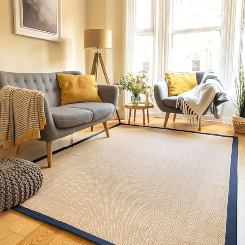 Natural Herringbone Navy Cotton Border Jute Area Rug Soft Woven Non Slip Flatweave Mat Sisal Sustainable Living Room Entrance Hallway Kitchen Carpet Rugs 120cm x 170cm