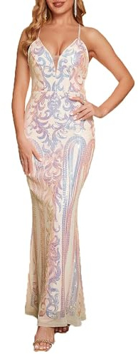 Angel-fashions Women's V Neck Muticolor Floral Sequin Lace Up Sheath Long Evening Dress Size 12 Multicoloured