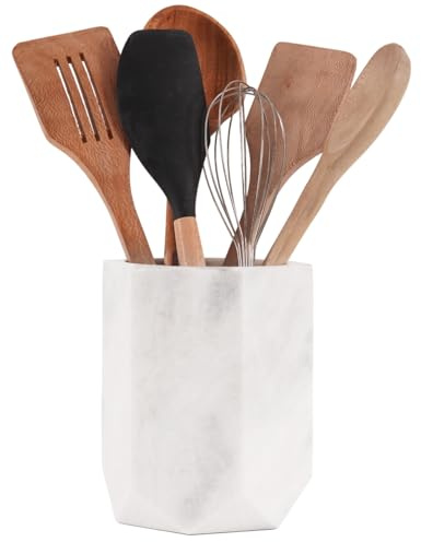 Radicaln Portautensili in marmo, 16,5 cm, bianco, fatto a mano, per utensili da cucina, bancone e accessori da cucina, porta utensili da cucina per piano di lavoro