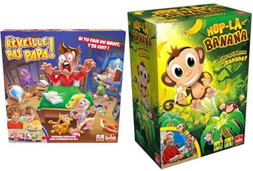 Lot de 2 Jeux : Réveille Pas Papa + Hop La Banana - Jeux de Société, d'Actions, d'Adresse et Rapidité pour Enfants - Set de Jeu Inédit - Jouez en Famille ou Entre Amis - 2 à 4 Joueurs - 4+