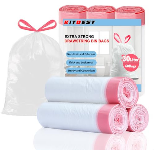 KITBEST Sacchetti Spazzatura 60x65CM con Maniglia, 60 Pezzi Sacchi Buste Spazzatura, Sacchetti Immondizia Riciclabile per 30L/40L Cucina Bagno Bidone Medio, Bianco