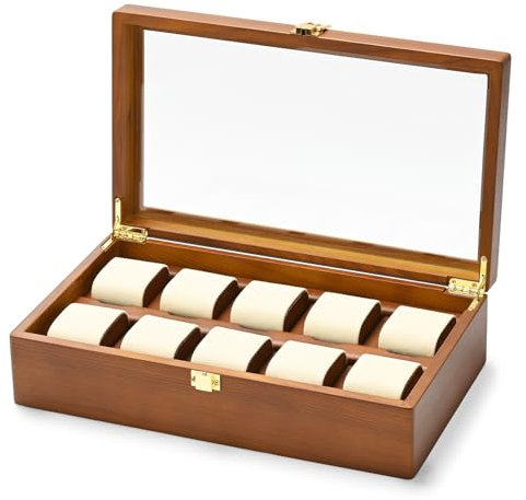 Oirlv Massivholz Uhrenbox Organizer mitDeckel 10 Uhrenaufbewahrung Uhrenkoffer mit Herausnehmbaren Uhrenkissen(Cremeweiß)