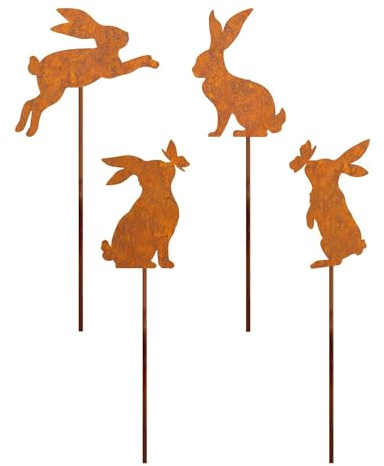 QishGO Decorazione da giardino in metallo con animali arrugginiti per decorazioni esterne, accessorio decorativo per esterni, 4 conigli
