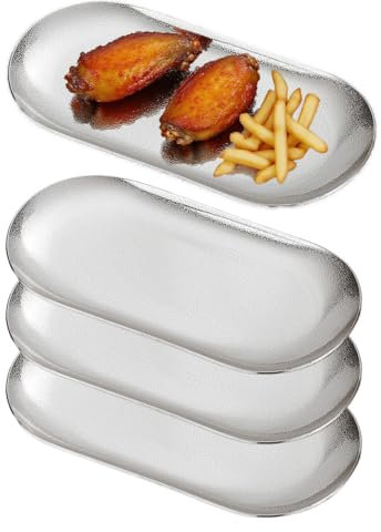 SANQIAHOME 18x8cm Ellipse Vorspeisenteller, 4er Set, dicke Edelstahl Speiseteller,Klein Brotteller Dessertteller für Sushi, Silber