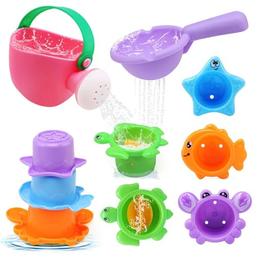 LinStyle Juguetes Bañera Bebe,Juguete Apilable Juego de Ducha Juegos de Agua Juguetes Piscina Juguetes Playa, 6 Piezas Juguetes Baño Bebe Regalo Educativo para Niños Niñas 1 2 3 4 Año