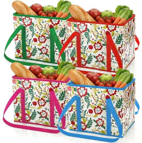 Nagpew 4 Pack Reusable Grocery Bags, Large Heavy-Duty Shopping Tote with Box Shape, Foldable Car Organizer Trunk Bin with Reinforced Handles Hard Bottom for Picnic, Toy, Cloth, Hold up to 50 Lbs