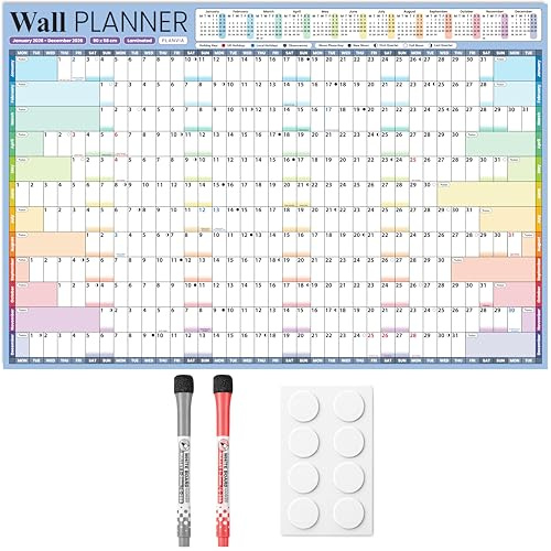 2026 Wall Planner Calendar UK Large A1 (90 x 58cm) Laminated & Erasable Yearly Wall Chart for Home, Classroom & Office Includes Dry Wipe Pens & Adhesive Pads by Planvia