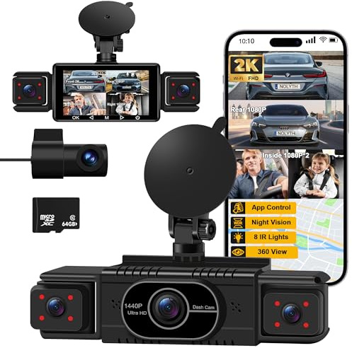 NOLYT Dash Cam 4 Channel: 2K Front and 1080P Rear Left Right Car Camera with WiFi APP Control 64GB SD Card Night Vision 24H Parking Mode G-Sensor 360 View Safe Driving Assistant